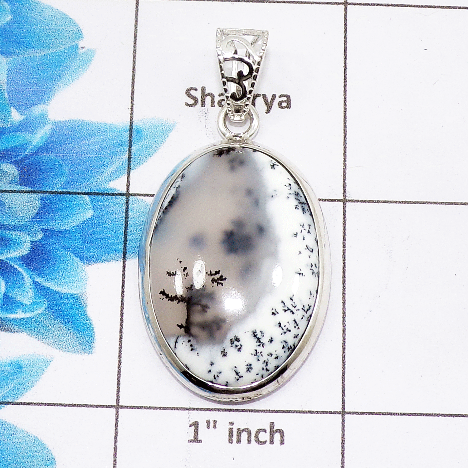 Natural Dendrite Agate Cab Pendant A - ISP505 - Oval Shape Solid 925 Sterling Silver Plain Setting Pendant